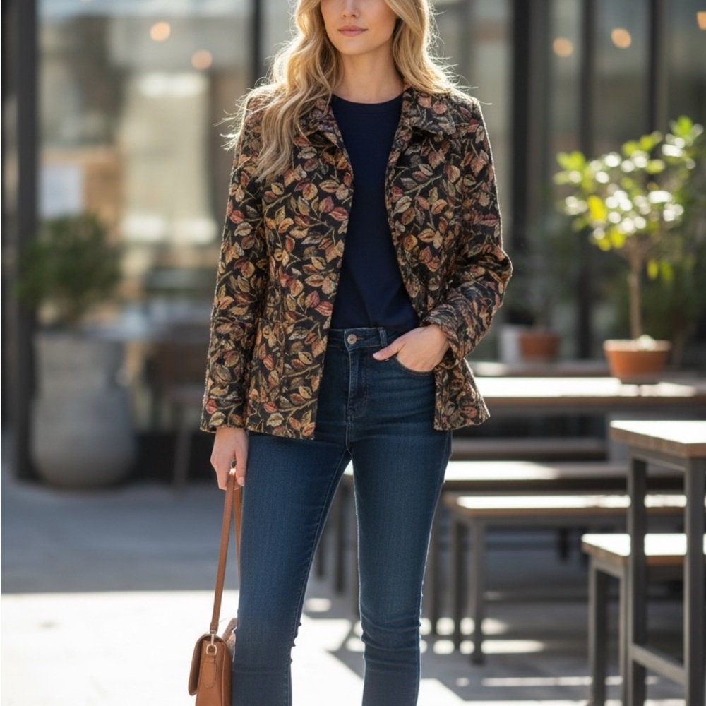 Colorful Floral Leaf Pattern Tapestry Jacket with pockets and FREE Necklace N136